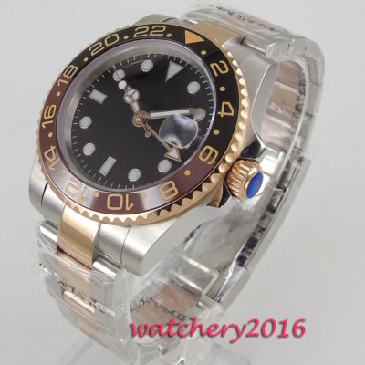 40mm Rose Gold Sapphire Glass GMT Automatic Men's Watch Black Dial Date Luminous