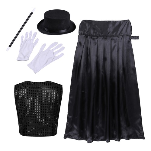 Kids Cosplay Magician Costume Cloak Cape Waistcoat with Hat Wand Gloves Outfits - Picture 24 of 30