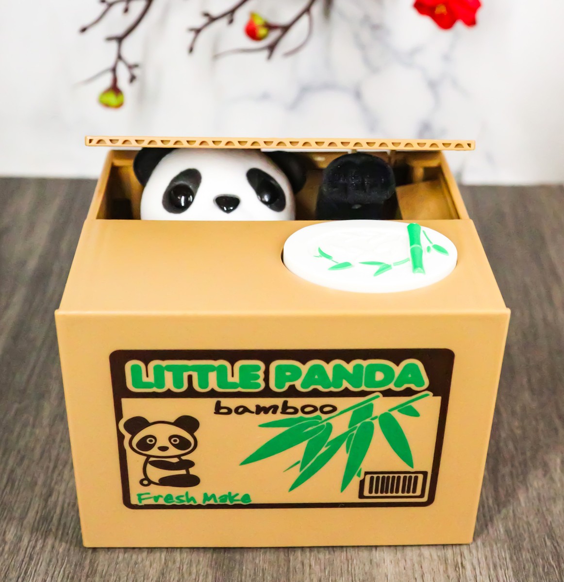 Whimsical Animated Hiding Panda Bear Coin Grabber Money Bank Box