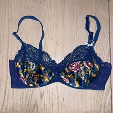 Vtg Oscar de la Renta Satin Lace Bra Unpadded Underwire Union 36B Blue Floral