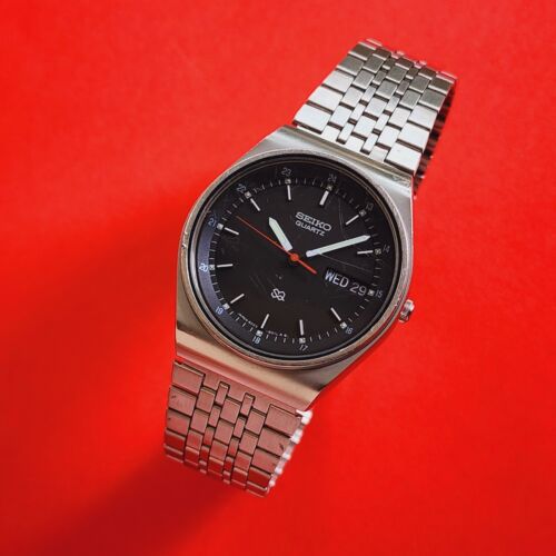 Seiko Vintage Black Military Dial Watch SQ Day Date Bracelet 8223-6049 Mens - Picture 3 of 6