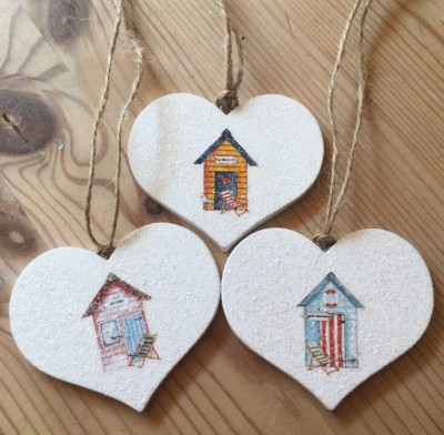 Nautical Beach Hut Hanging Decorations Shabby Chic Real Wood Hearts Handmade