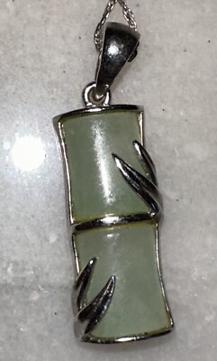 Sterling Silber 925 Kette & Anhänger Rechteck Jade mit Bambus Design Overlay