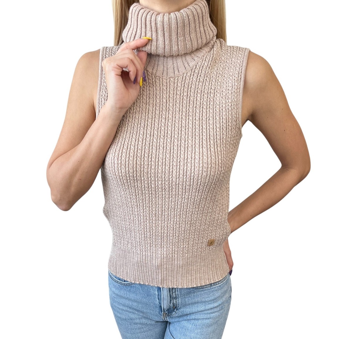 CHANEL トップス CHANEL Vintage 01A CC Logo Turtleneck Knit Top #42 Pink Beige Wool