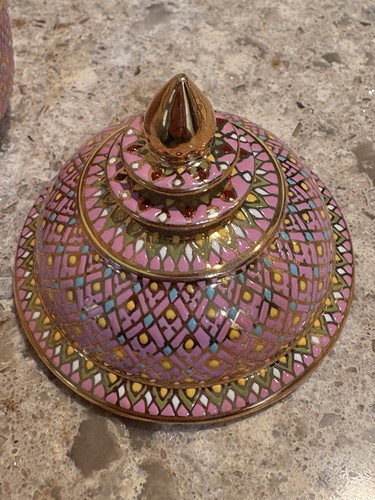 "Cuenco de porcelana vintage tailandés Benjarong con tapa pintado a mano esmalte oro rosa 4""" - Imagen 5 de 7