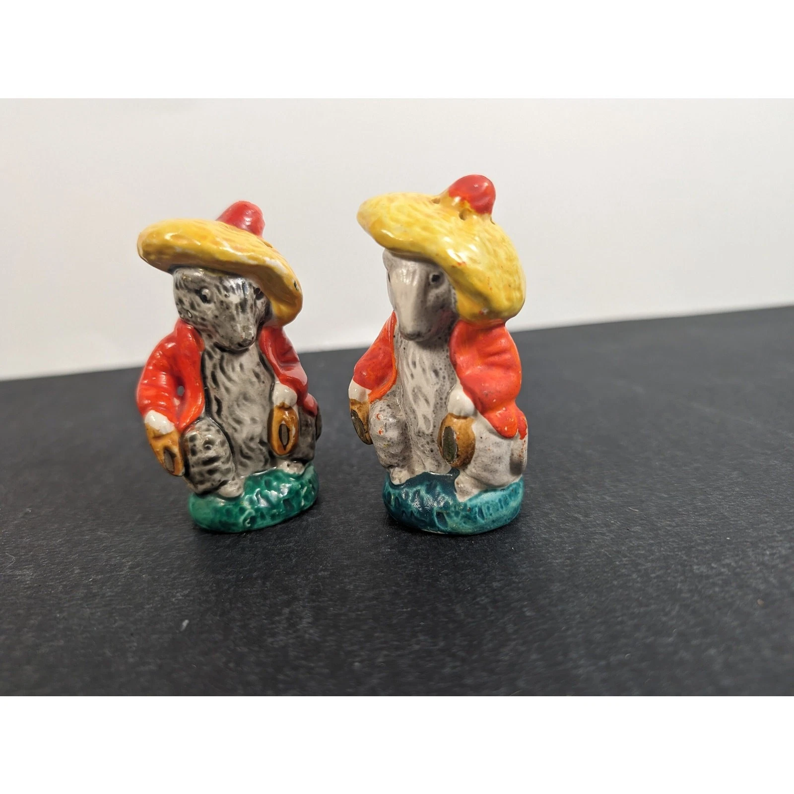 Vintage Salt and Pepper Shakers - Painted Ceramic Mouse Rats in Hats and Clothes
