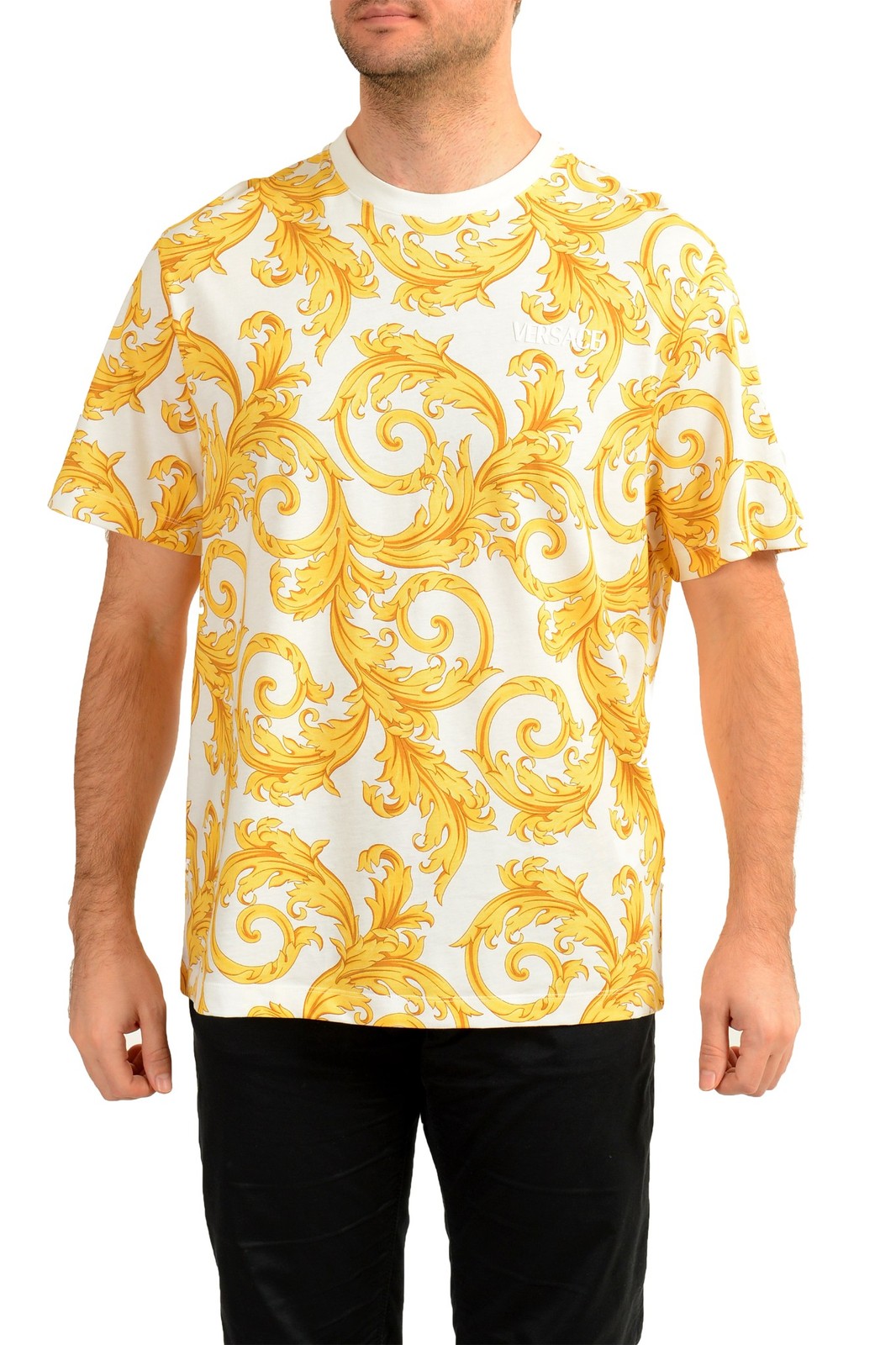 Versace Men's White & Gold Barocco Logo Print Short Sleeve T-Shirt US L IT 52