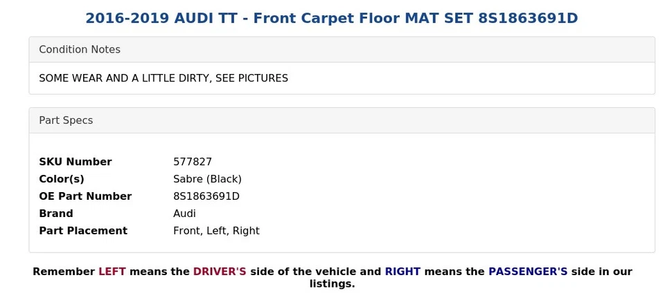 AUDI TT 2016-2019 - Juego de alfombrillas alfombrillas delanteras 8S1863691D Foto 4 de 4