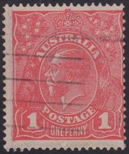 Australia KGV 1d red SW rough paper rose-red, VI/55 “flaw in frame”, used