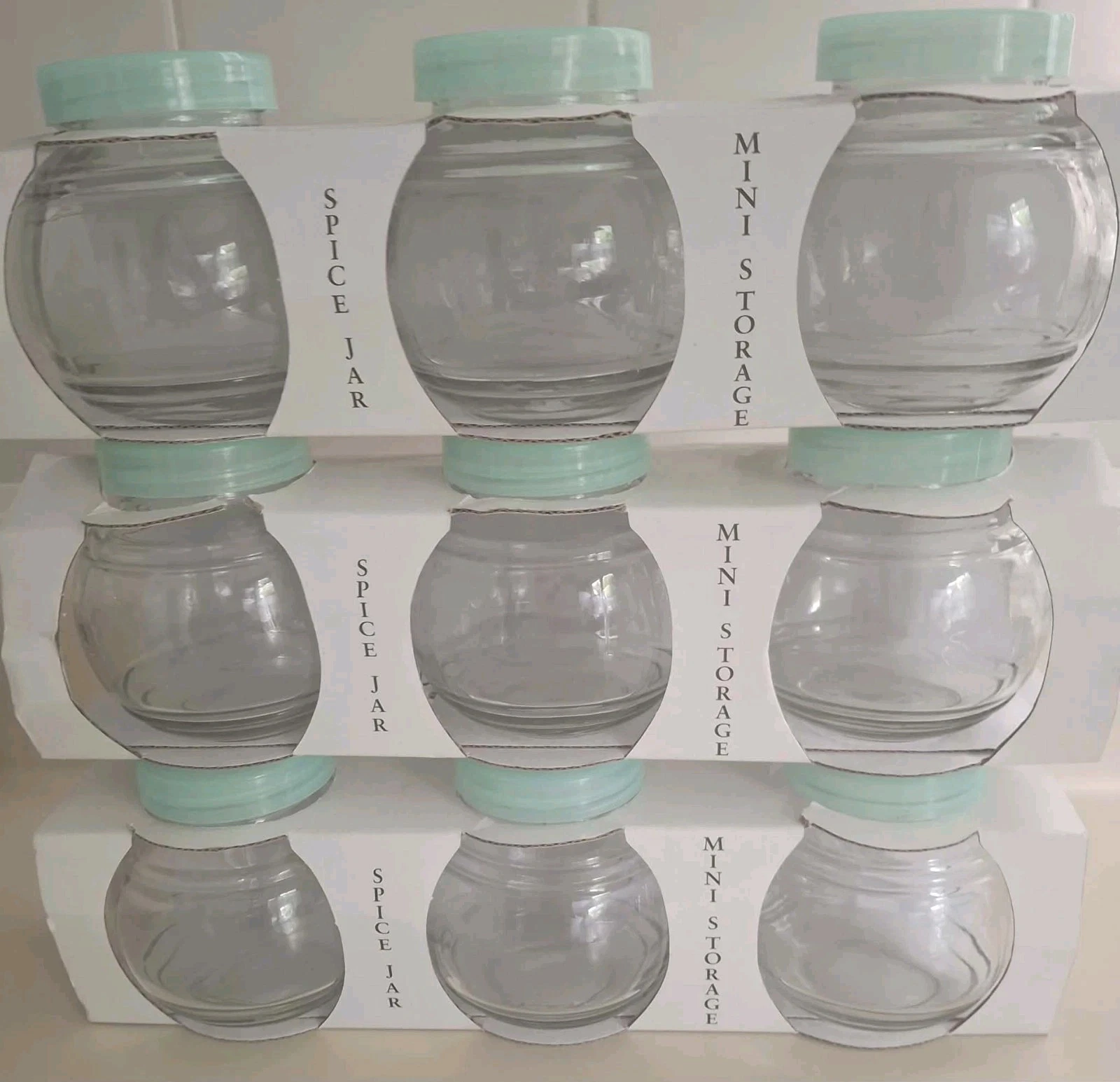 (Set Of 9) Bubble/ Ball Glass Spice Jars w/ Teal Lids Mini Storage Containers