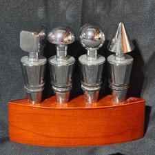Geometric Stainless Steel Wine Bottle Stoppers Set of 4 w/ Wooden Stand Modern