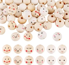 48Pcs round Smile Face Wooden Beads Cute Painted Smiling Face Head Wood Beads 19
