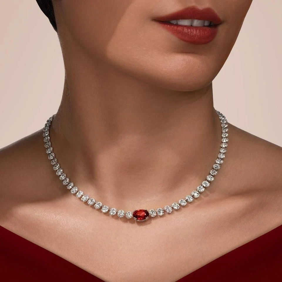 24Ct OVAL Simulated Red Ruby/Diamond Women's Necklace 925 White Sterling Silver - Image 4 of 4