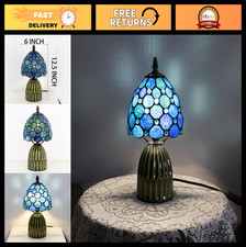Stained Glass Mushroom Table Lamp - 6" Blue Ripple Mini Accent Light for Bedroom