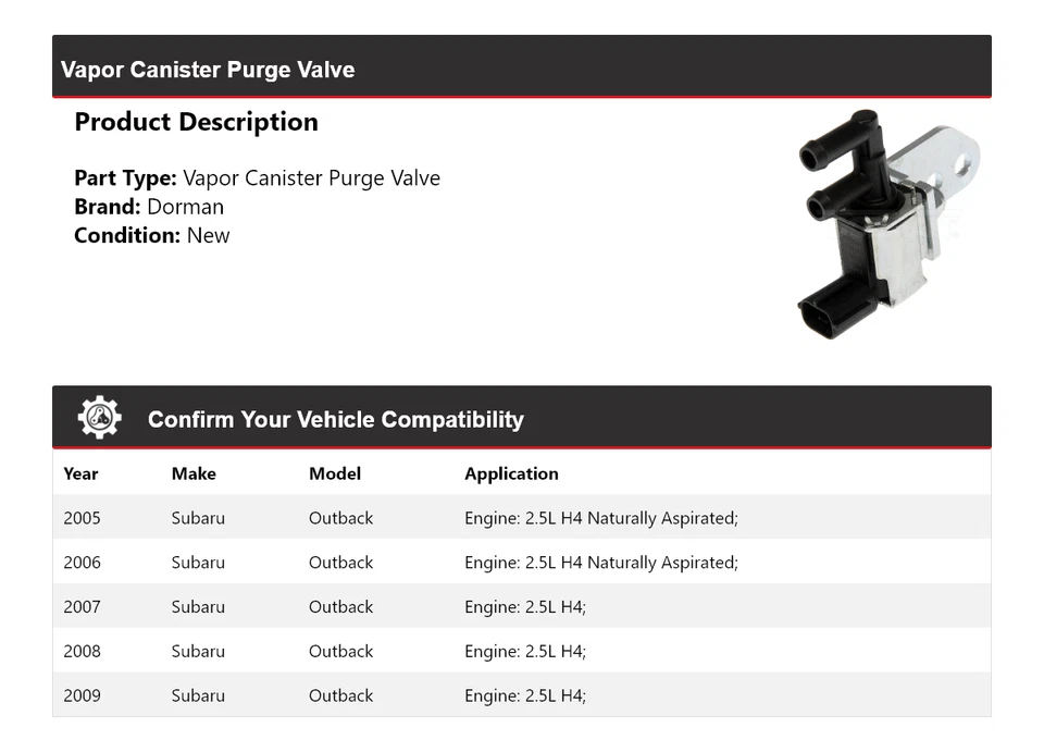 Válvula de purga de bote de vapor Subaru Outback Dorman 2005-2009 2006 2007 2008 Foto 2 de 4