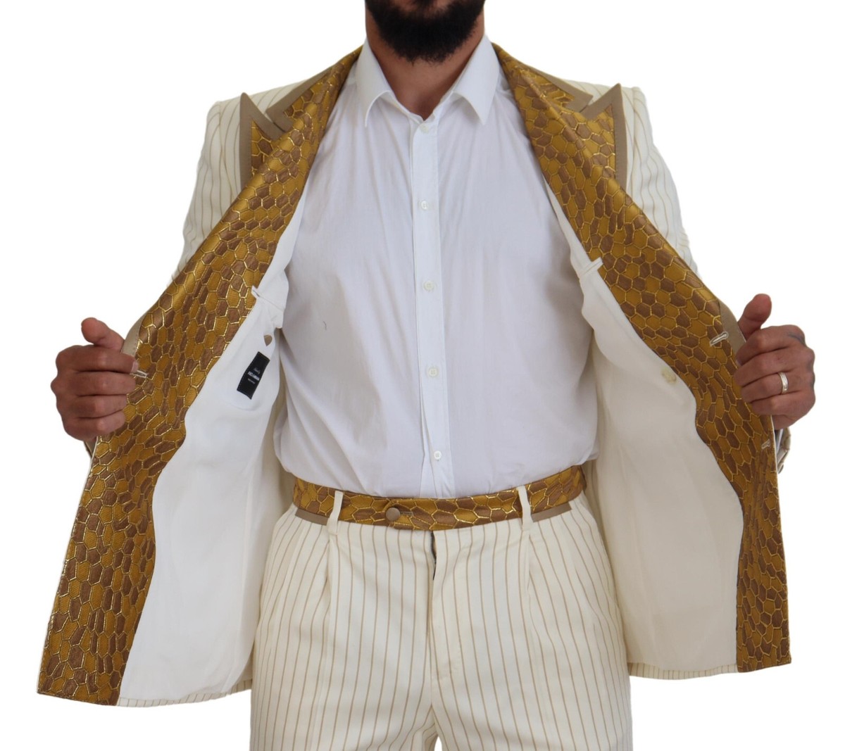 DOLCE & GABBANA Suit Off White Gold Striped Tuxedo Slim Fit