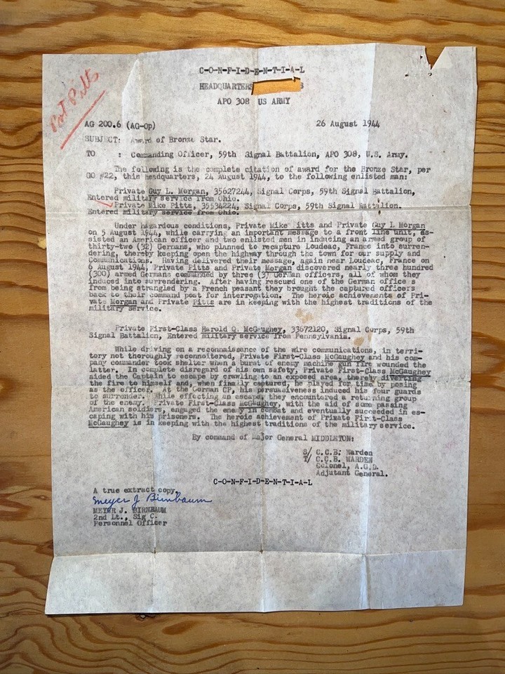 U.S. Army Bronze Star medal and lapel pin , WW2, citation