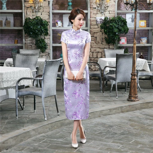 Traditional Long Cheongsam Women Silk Satin Chinese Dress Hanfu Qipao Sz S-6XL