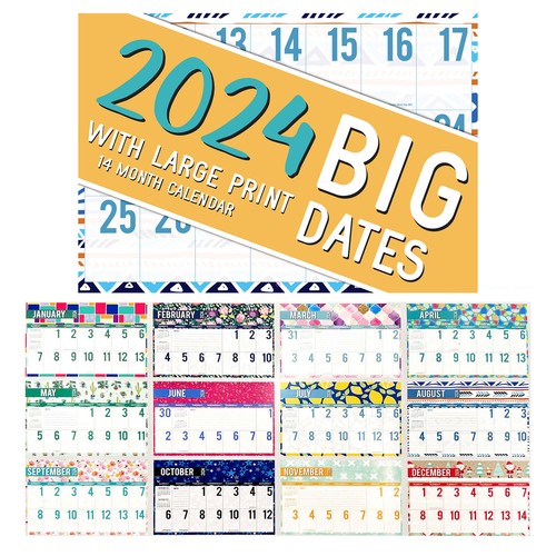 2024 Big Dates w Large Print Rectangle Wall Calendar 14 Months Hanging ...