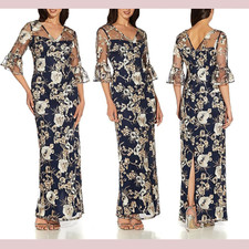 NWT Adrianna Papell [ 22W ] Floral Bell Sleeve Embroidered Column Gown Blu S1412
