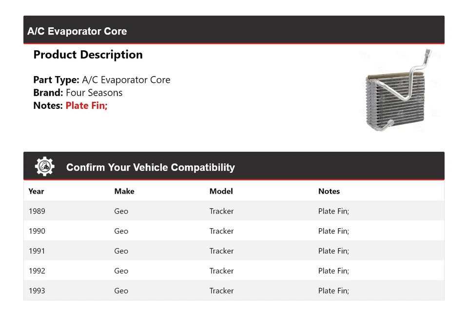 Para 1989-1993 Geo Tracker A/C Evaporador Núcleo 4 Temporadas 1990 1991 1992 Foto 2 de 4