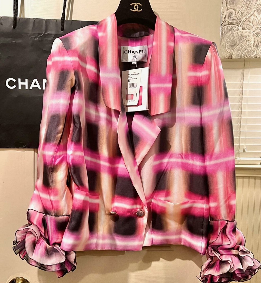 7K New Chanel 2017 Pink Black Silk Blazer 36 38 40 4 6 8 Jacket