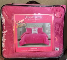 Juicy Couture Hot Pink Logos & Crowns Embossed Plush Soft 4pc KING Comforter Set