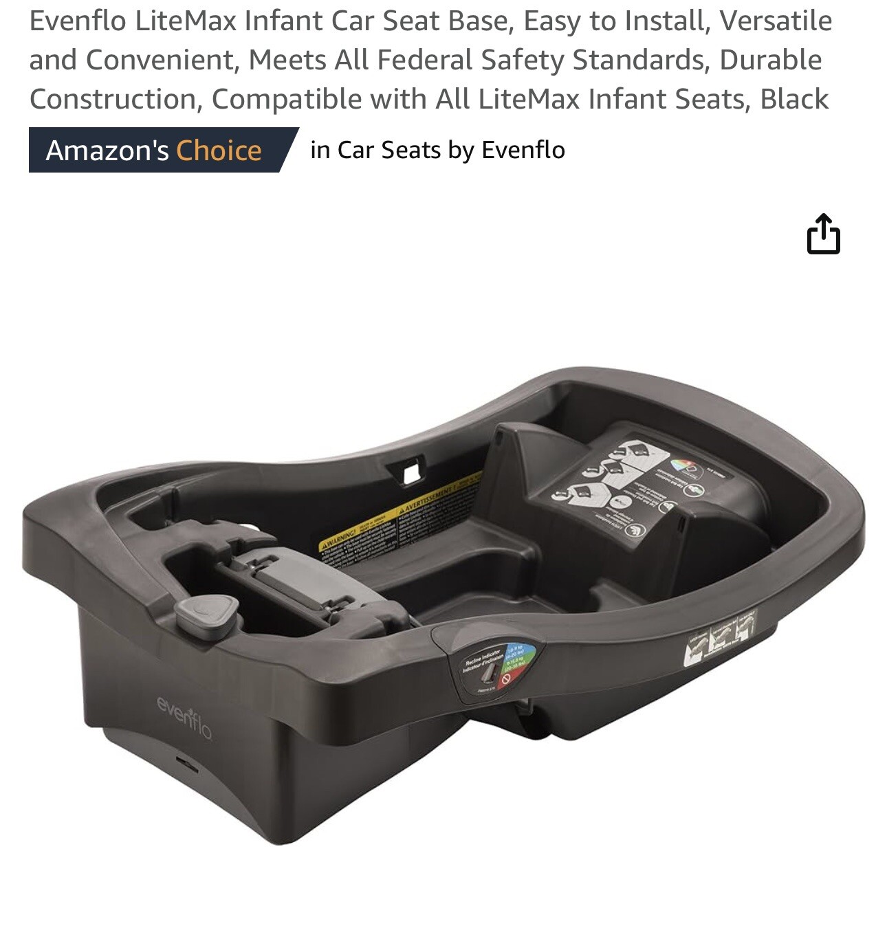 "NEW" Evenflo LiteMax 35 Infant Car Seat Base - Black