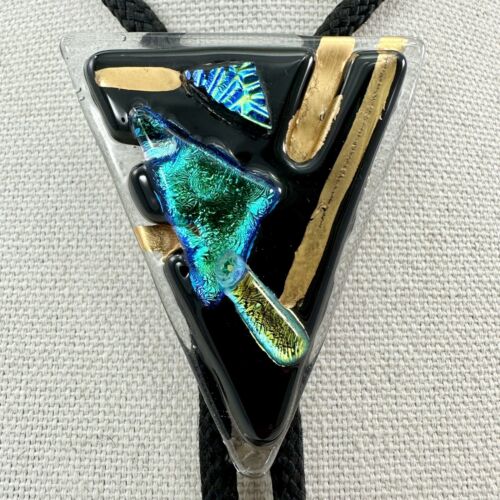 Stunning Gold Black Iridescent Vintage Original Glass Western Bolo Tie - Picture 1 of 14