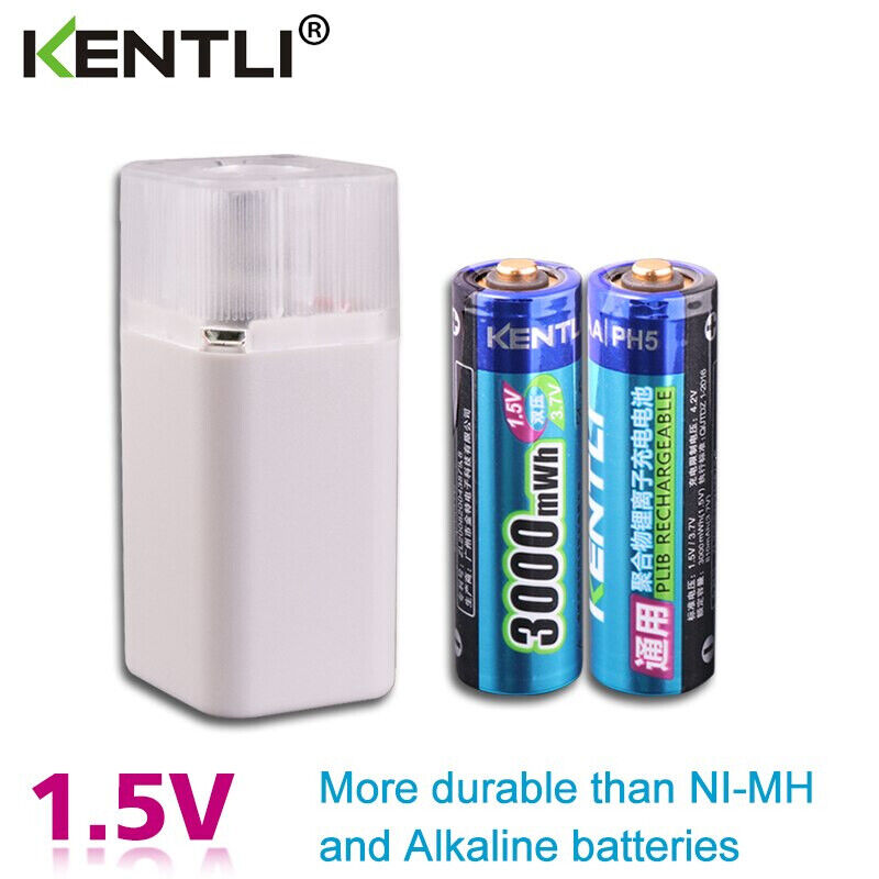 KENTLI 2Pcs 1.5v AA 3000mWh Rechargeable Li-ion Batteries + Flashlight Charger