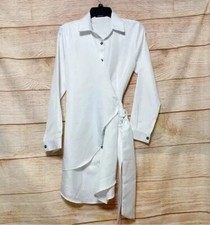 PRETTYLITTLETHING PLT White Tortoise Button Wrap Tie Shirt Dress Long Sleeve
