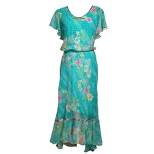 Vintage Fairycore Top Skirt Set 14 Blue Pink Floral Dot Flutter Sleeve K Studio