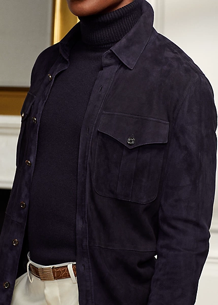 Men's Navy Blue Suede Casual Lambskin Overshirt Soft Comfort Fit