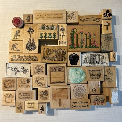Rubber Stamp Lot Of  41 Garden Themed Veggies Plants Fences Wood & Foam Mounted