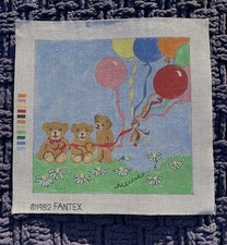 VTG 1982 Handpainted Needlepoint Canvas Teddy Bears With Balloons Fantex 15x14.5