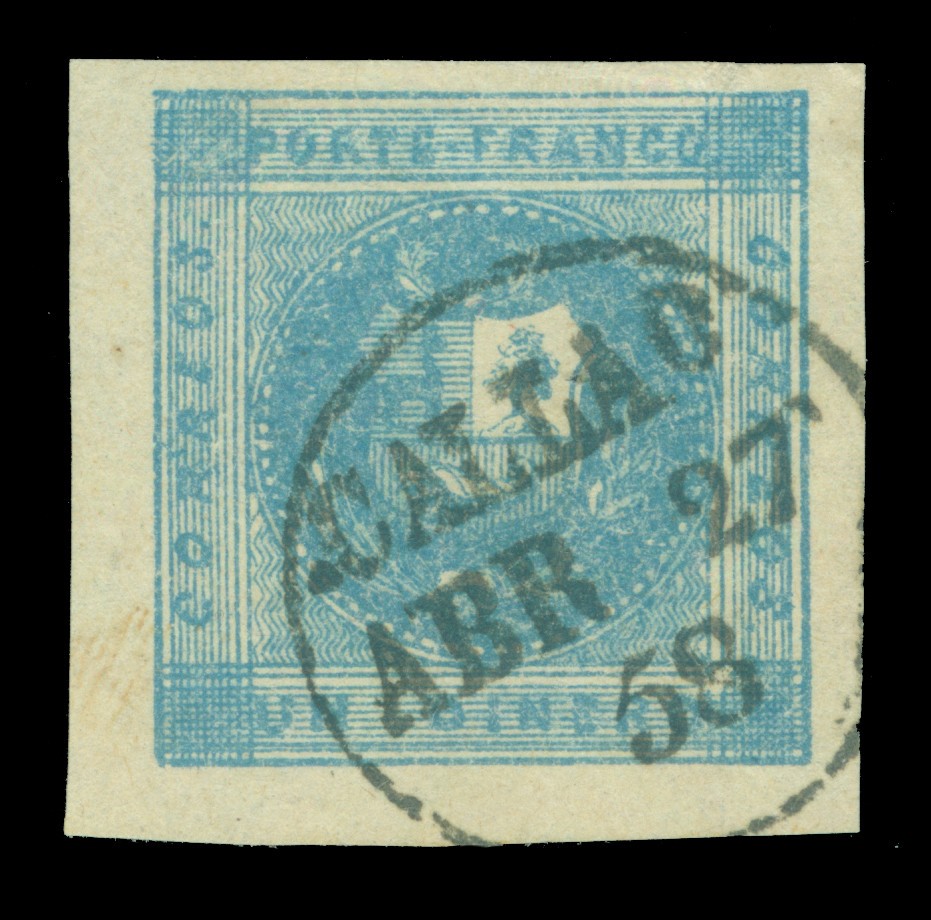 PERU 1858 Coat of Arms 1d miky blue Sc # 3 used XF-SUP "CALLAO ABR 26 58" CDS