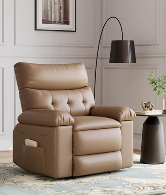 Oversized Extra Wide Manual Recliner PU Leather Side Pocket Single Sofa Khaki