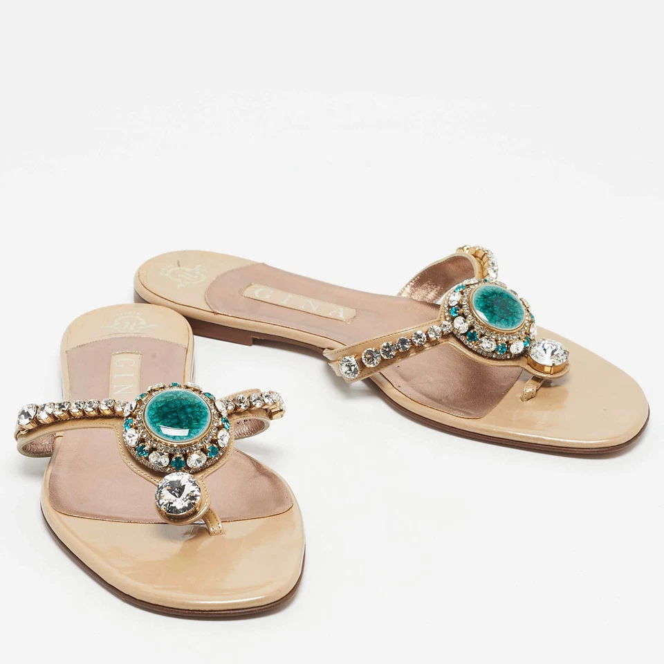 Босоножки-шлепанцы Gina бежевые с лакированным кристаллом с украшениями стрингами размер 41 - Изображение 4 из 4