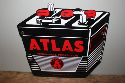 Vtg Atlas Batteries Car Battery Chevrolet Ford Gas Station Porcelain Metal Sign