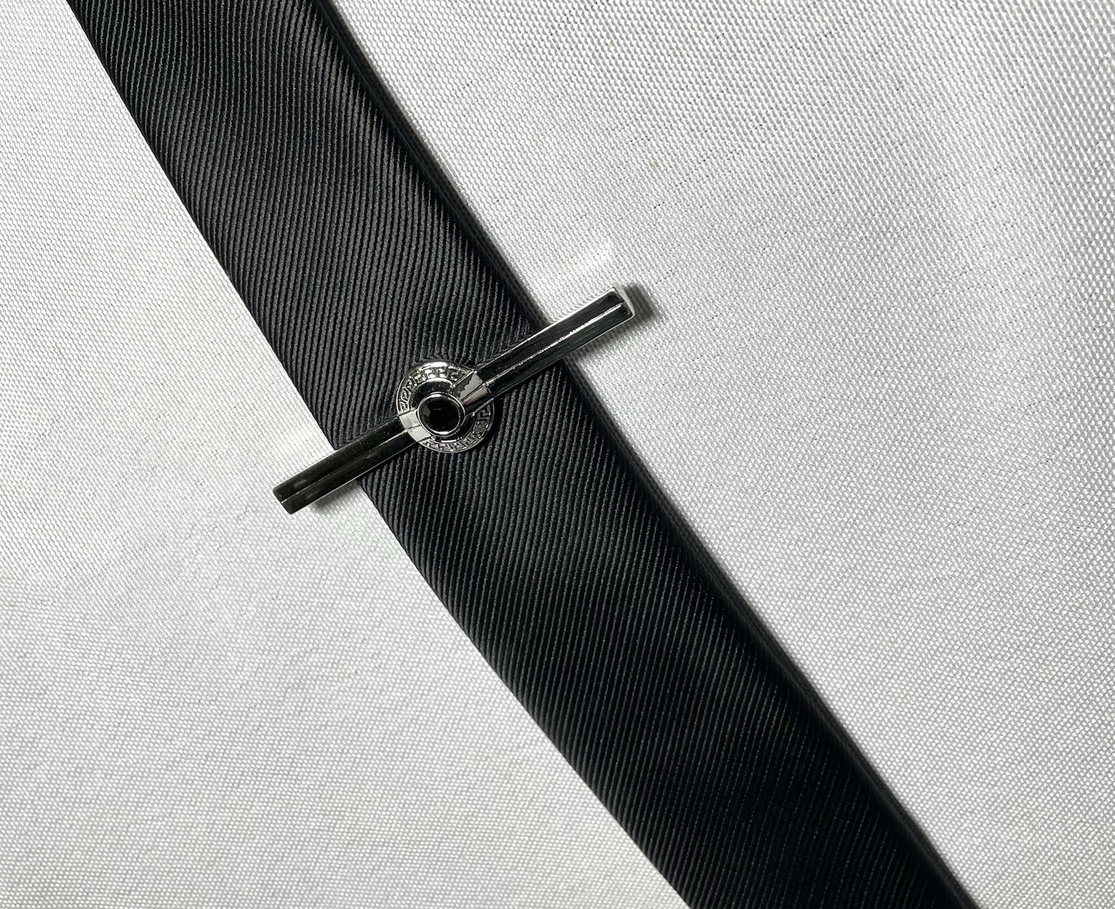 Auth Gianni Versace Greca Design & Black Stone Decor tie clip bar chrome silver thumbnail 10