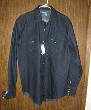 Wrangler Denim Western Cowboy Work Shirt Pearl Snap Blue L/S Size LARGE - NEW w/