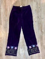 VTG Deep Purple Velvet Flare Pants Floral Embroidery On Hem SZ S
