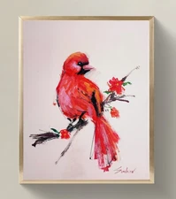 Expressive Red Bird Acrylic Painting on Canvas – Original Signed Art