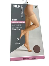 Silk Impressions Pantyhose Size XL Sheer Support Cocoa Brown 30 Denier 2Pair NEW