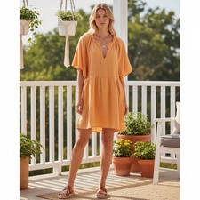 Old Navy NEW Orange Cotton Gauze Tiered V-Neck Ruffle Dress Cottagecore Boho XL