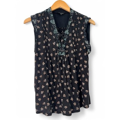 Lucky Brand  | M |  Floral Split Neck Tank Top Sleeveless Blouse Women's Black