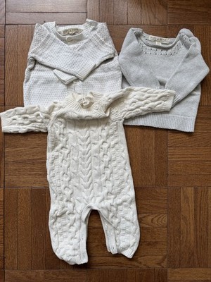 Hope & Henry Baby Sweater Set 3-6M Cable Knit Ivory/Gray Cardigan One-Piece 0-3