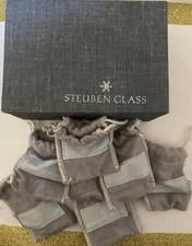 RARE STEUBEN GLASS Grey 6 Part Box 5 1/2” x3 3/4” 1960s? & 6 MARKED 3” BAGS!!!