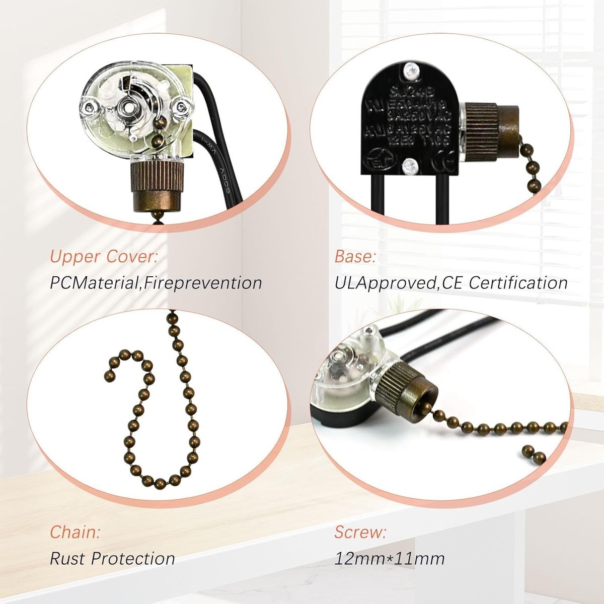 Zing Ear ZE-109 Ceiling Fan Pull Chain Switch 2PCS On-Off Lamp