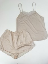 Vintage Shadowline Set Nude Tan Short 5 Size 32 Nylon Lace Lingerie USA 70s/80s